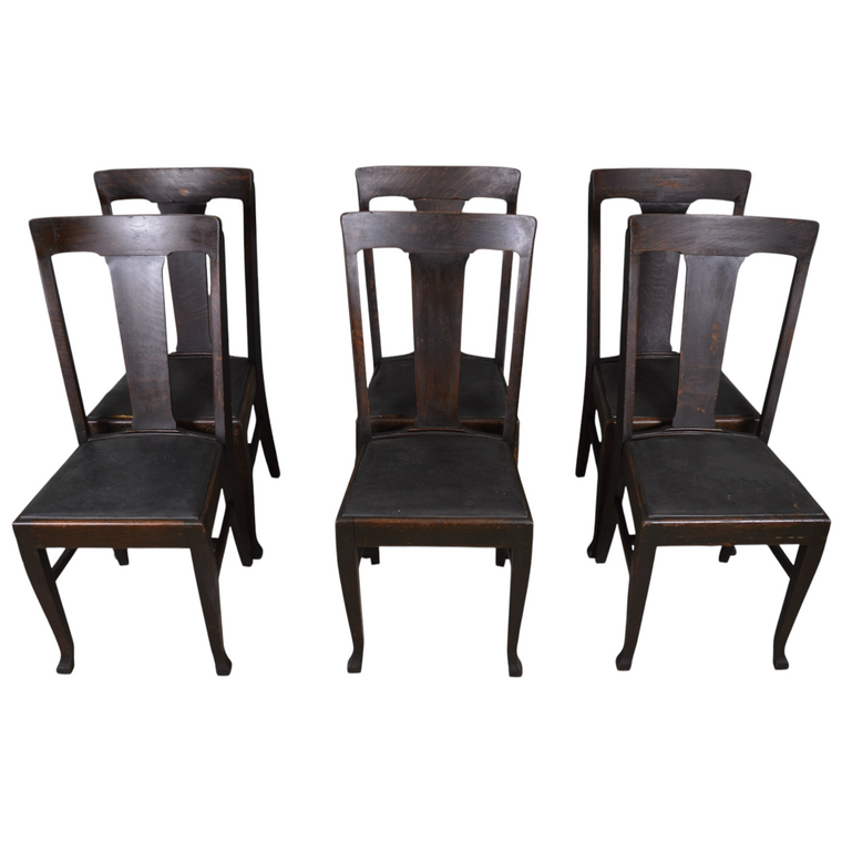 SOLD Antique Set of 6 Tiger Sawn Oak Dining Chairs – Upholstered Seats, 1910s,