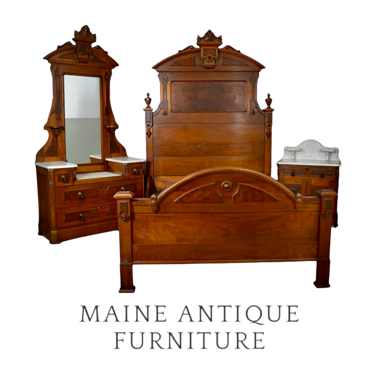 SOLD Antique Victorian Marble Top Carved Bedroom Set - 3 pc, Walnut