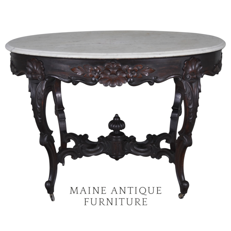 SOLD Antique Victorian Oval Marble Top Parlor Table - Mahogany Carved