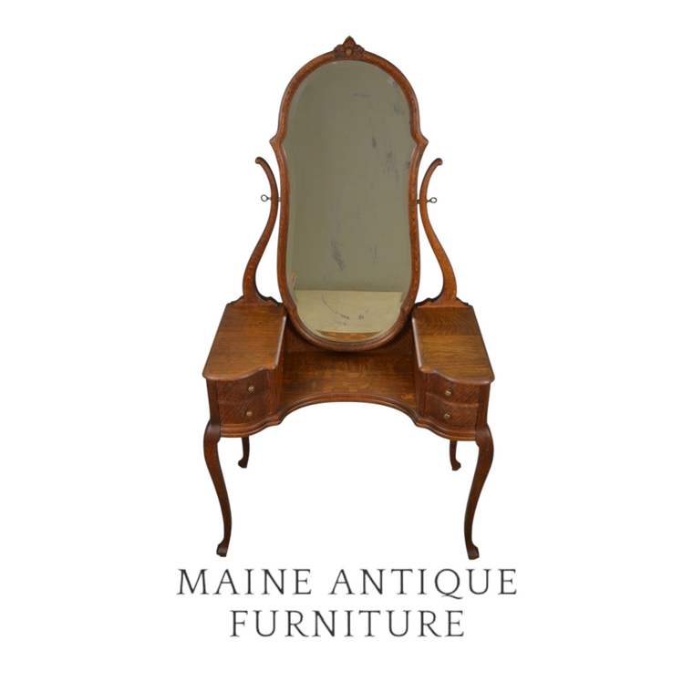 SOLD Antique Oak Shapely Ladies Vanity – Serpentine Drawers, Beveled Mirror