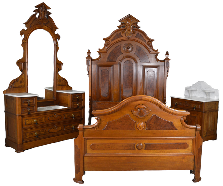 SOLD Antique Victorian Burl Walnut Three Piece Marble Top Bedroom Set