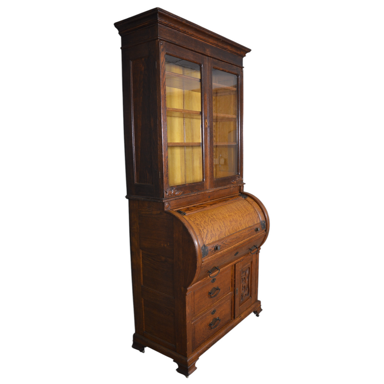 SOLD Antique Victorian Oak Cylinder Secretary Desk, 1890s, Double Glass Doors