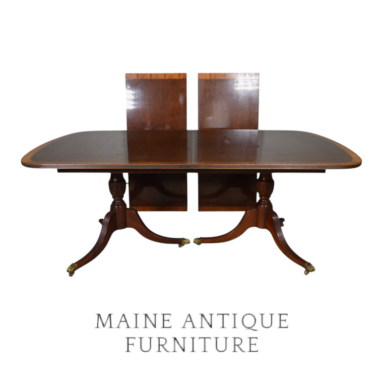 SOLD Vintage Mahogany Banded Duncan Phyfe Banquet Table, 2 Leaves Included