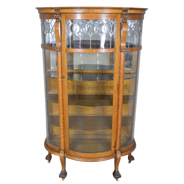 SOLD Antique Oak China Closet, Curved Leaded Glass, Lion Heads, 1890s