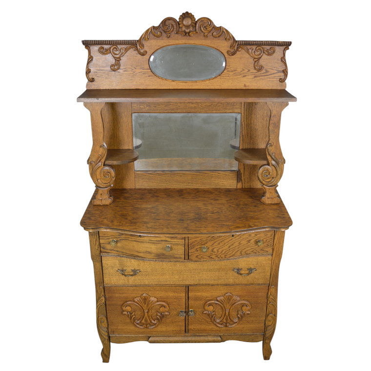 SOLD Antique Oak Sideboard by Larkin, Beveled Mirror, Carved Crest, 1900s