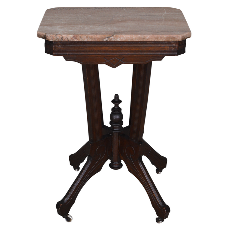 SOLD Antique Victorian Walnut Marble Top End Table, Rose Quartz, 1880s