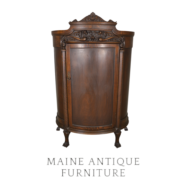 Antique Victorian Oak Blind Door Curio Cabinet, Carved Lions & Griffins, 1890s #22381