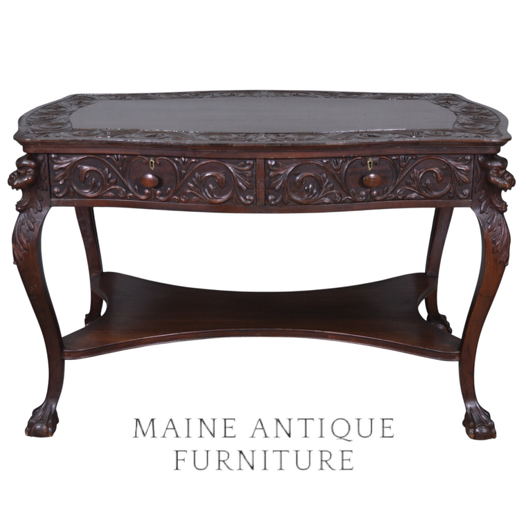 Antique Victorian Mahogany Carved Lion Head Partners Library Table - Horner Style #22427