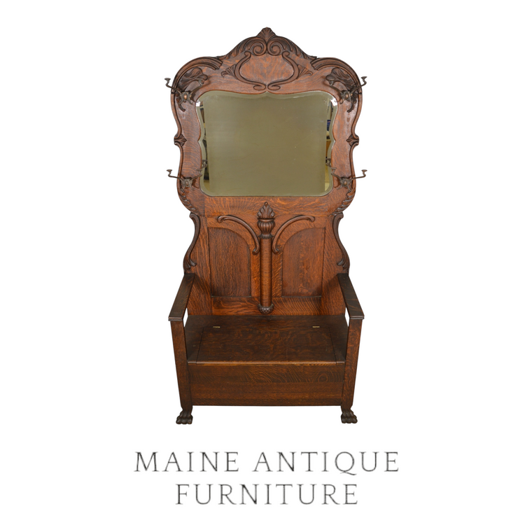 SOLD Antique Victorian Carved Tiger Oak Hall Tree – XL Size, Serpent Carvings – 1890s