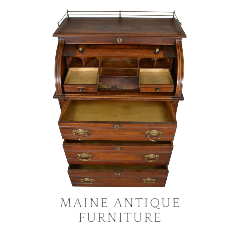 SOLD Antique Victorian Ladies Walnut Cylinder Desk – Burl Walnut, Brass Gallery