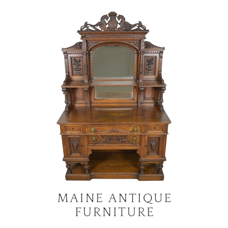 SOLD Antique Carved Oak Sideboard w/ Sea Serpents, Lions, Faces -1880s