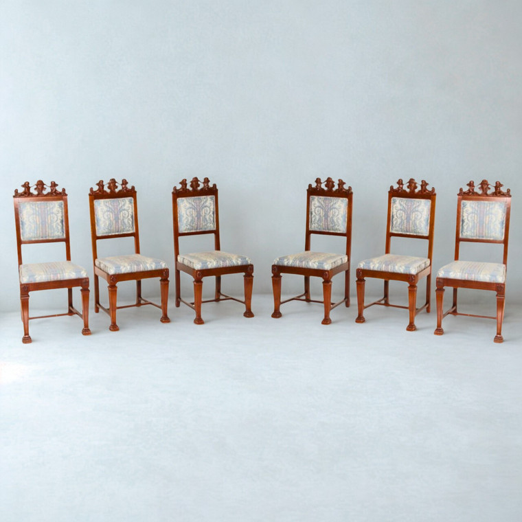 Antique 1890s Set of 6 Carved Mahogany Dining Chairs – Winged Cherub #22458