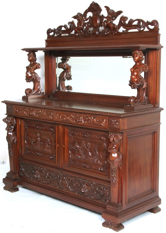 Antique Mahogany Carved Sideboard Buffet – Horner, Full Mirror Back #22459