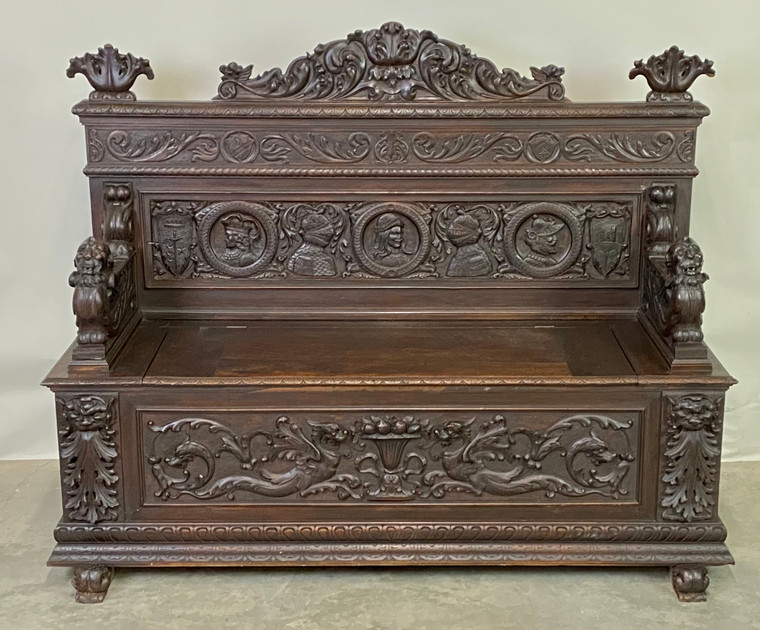 Antique Gothic Revival Carved Beech & Pine Figural Hall Bench #22463