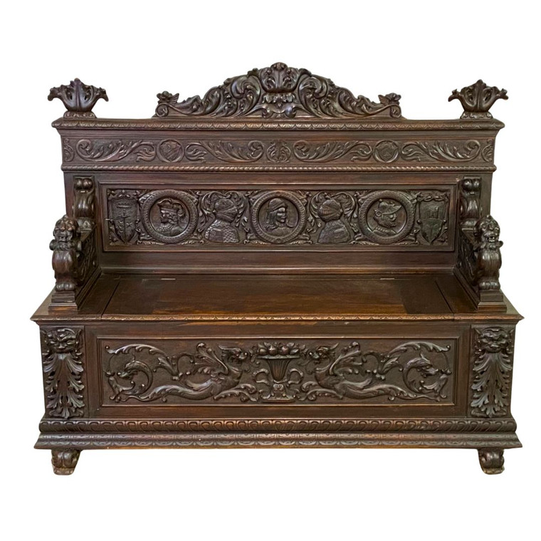 Antique Gothic Revival Carved Beech & Pine Figural Hall Bench #22463