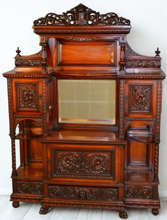 SOLD Antique Mahogany Herter Style Heavily Carved Etagere