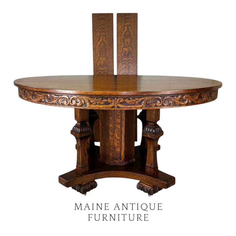 SOLD Victorian Round Oak Carved Dining Table– 54" with Two Leaves