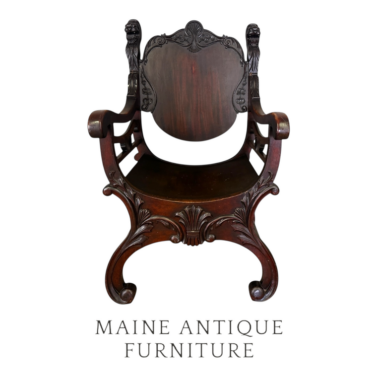 SOLD Antique Carved Mahogany Saddle Arm Chair – Lion Head Details – 1890s