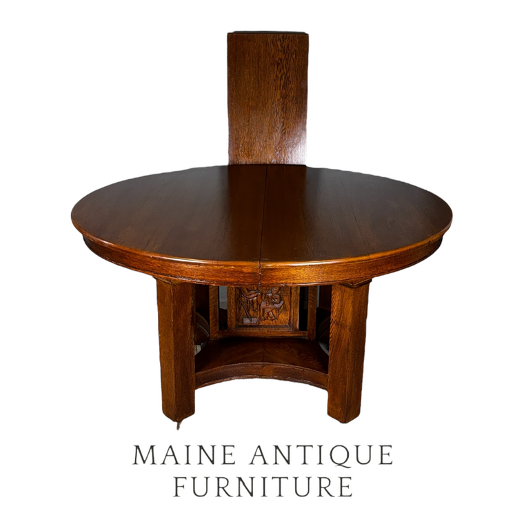 Antique Round Oak Dining Table w/ Story Book Panel Base - Mission Style #22483