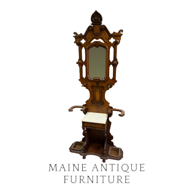 SOLD Victorian Burl Walnut Marble Top Hall Tree – Original Finish - 1880s