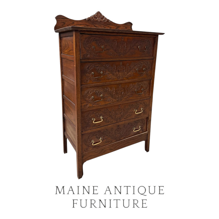 SOLD Antique Victorian Carved Oak Tall Chest of Drawers, Dresser by Larkin