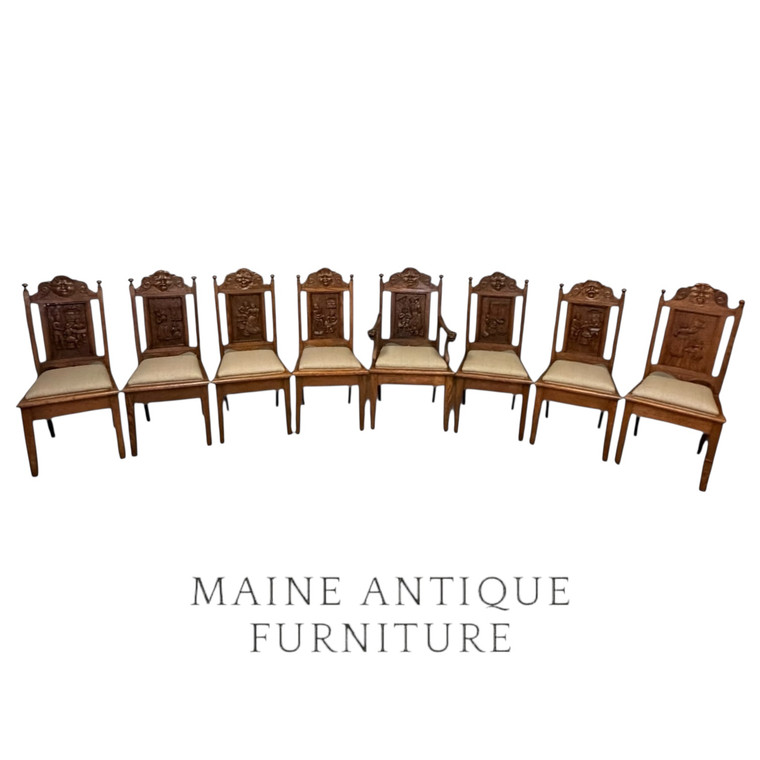 SOLD Antique Set of 8 Oak Storybook Dining Chairs - 1910s
