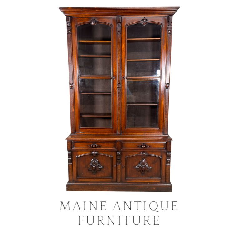 Victorian Carved Step Back Bookcase – Black Walnut – Glass Door Cupboard #22143