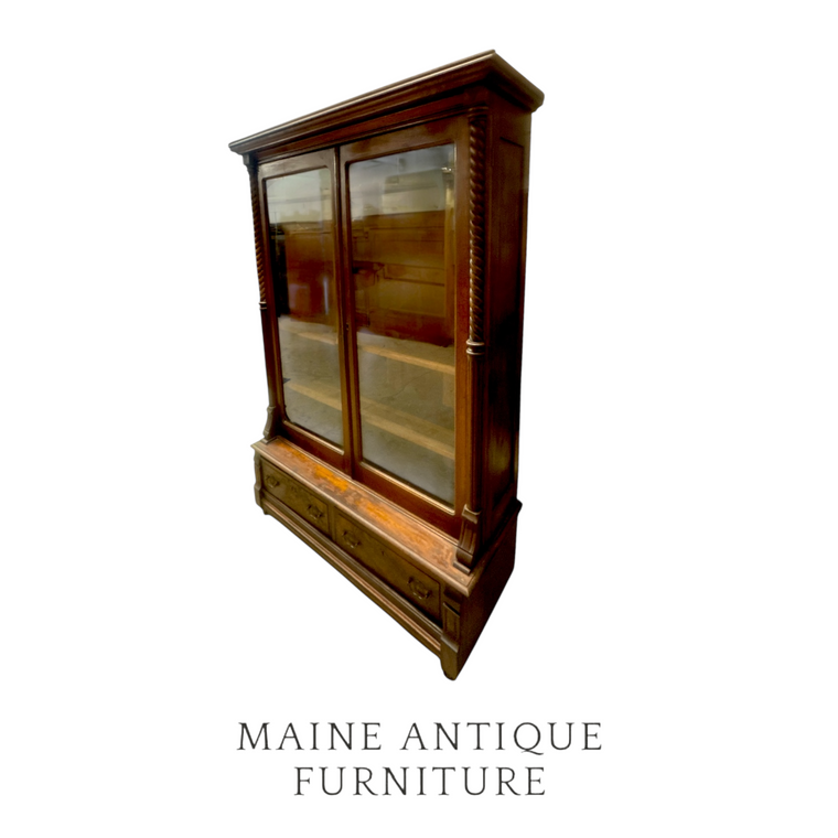 Victorian Walnut Bookcase with Glass Doors, Carved Columns & Drawers #22530