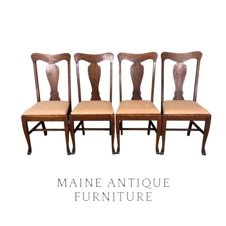 Set of 4 Antique Tiger Oak Claw Foot Dining Chairs – Upholstered Seats – #22552