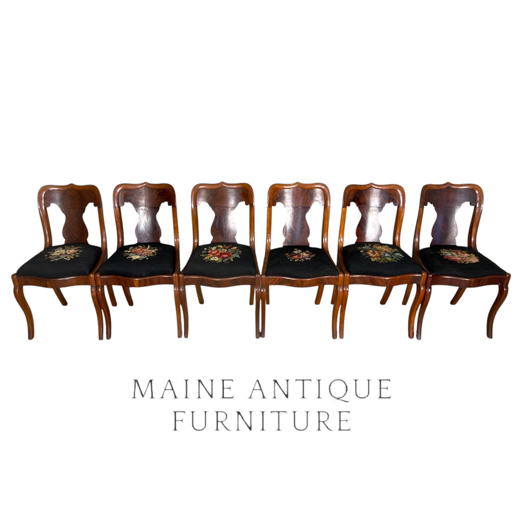 SOLD Set of 6 Antique Period Empire Dining Chairs – Flame Mahogany – c.1860s
