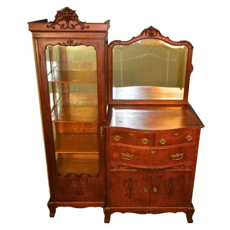 SOLD Antique Oak China Closet, Victorian Buffet Bevel Glass Mirror