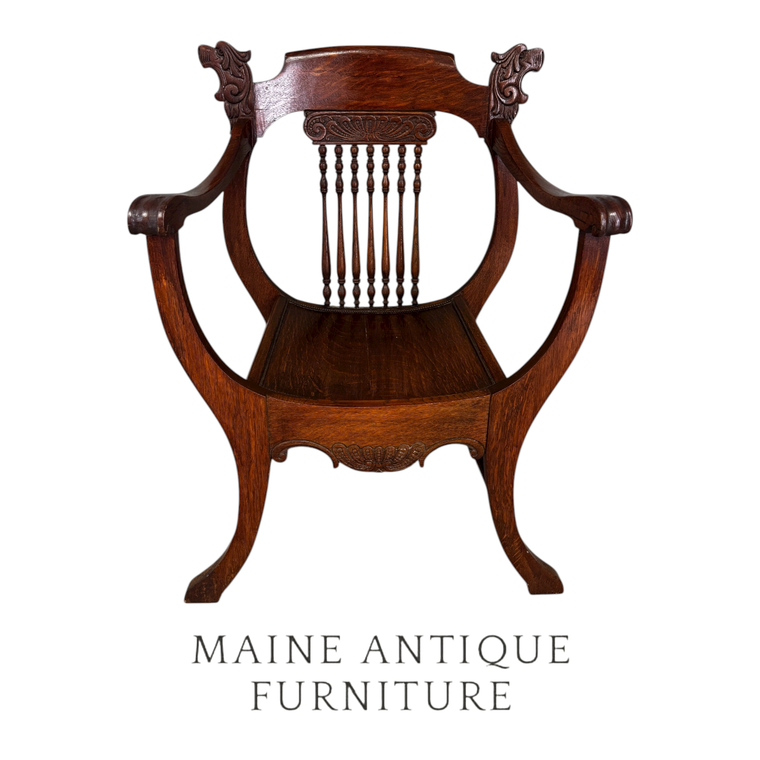 SOLD Antique Oak Lionhead Saddle Seat Arm Chair, 1900s