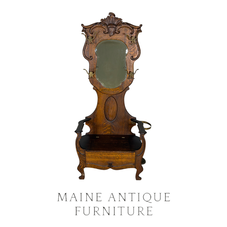 SOLD Victorian Oak Carved Hall Tree – Lift Seat Bench – c.1890