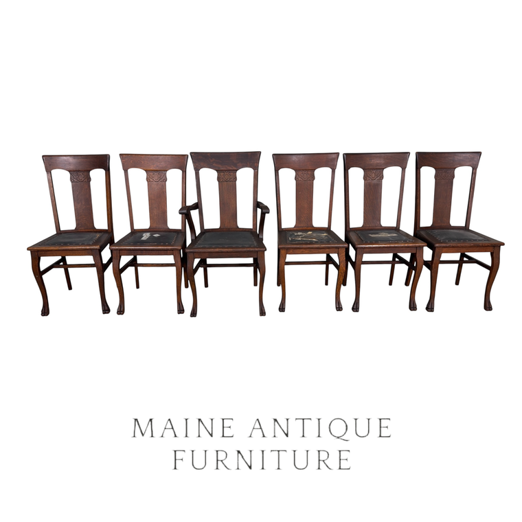 Antique Dining Chairs, Set of 6, Oak, T Back, Claw Foot #22638