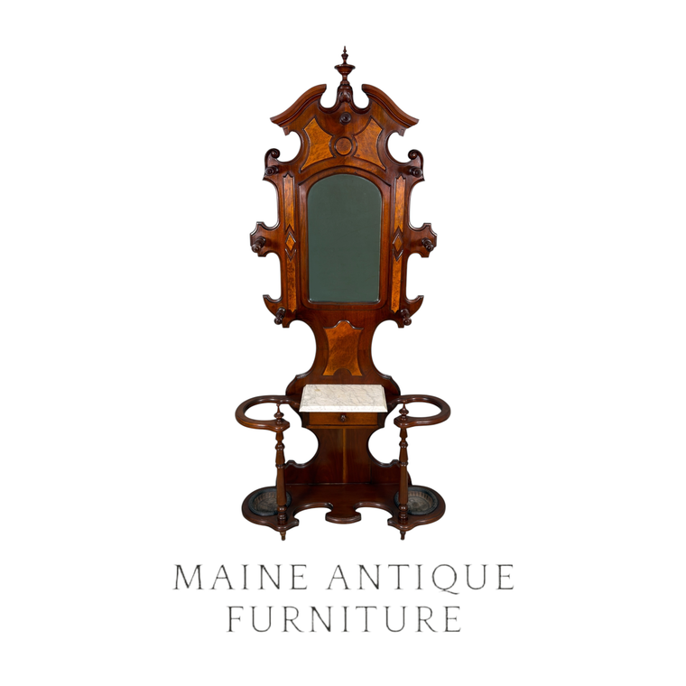 Antique Hall Tree, Mirror, Umbrella Holder, Burl Walnut, Marble Top #22668