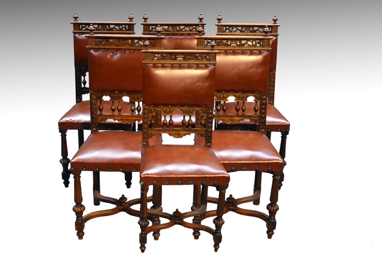SOLD Set of 6 Carved Walnut and Leather Dining Chairs