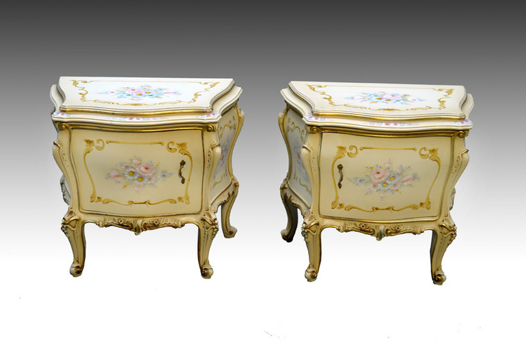 SOLD Rare Pair of Bombay Hand Painted Decorated French Nightstands *REDUCED PRICE*
