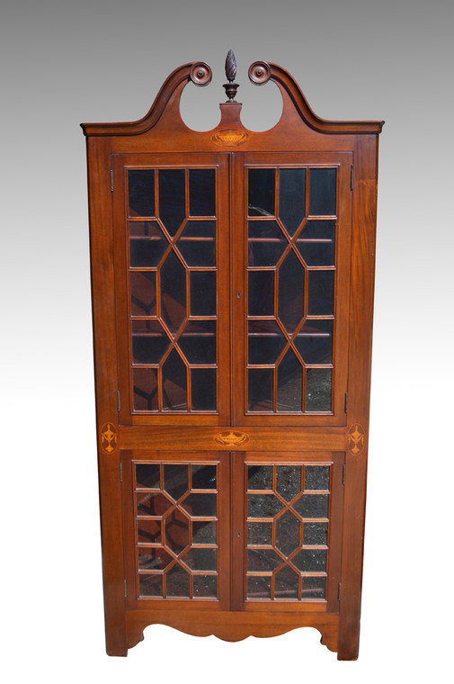 SOLD Mahogany Inlaid Corner China Cabinet with Flame Finial **REDUCED PRICE**