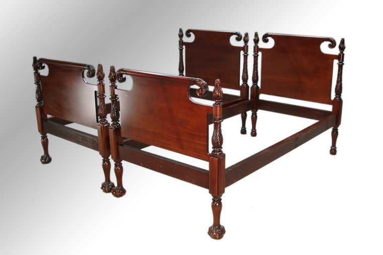 SOLD Antique Acanthus Carved Ball and Claw Twin Mahogany Beds