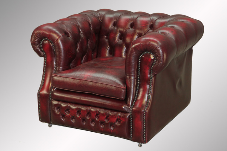 SOLD Antique 100-percent Red Leather Chesterfield Cube Chair