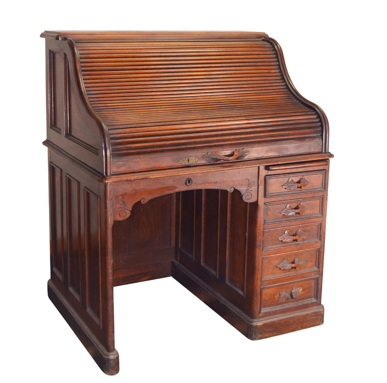 SOLD Antique Victorian Walnut Carved Pull Roll Top Desk Civil War Era