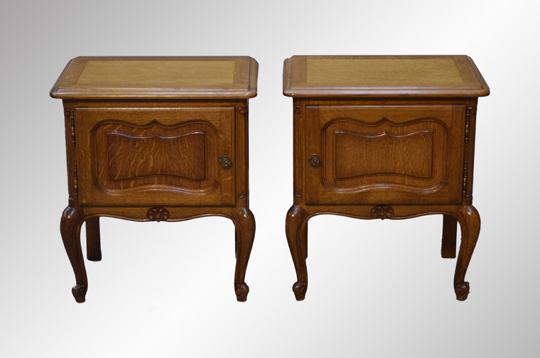 SOLD Pair of French Raised Panel Tiger Sawn Oak Nightstands