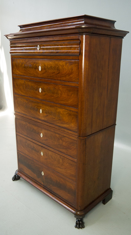 SOLD Antique Flame Mahogany Beidermeier Seven Drawer Period Chest