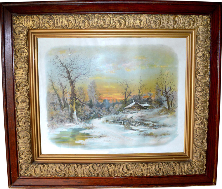 SOLD Victorian Oak Carved Frame with Cabin Scene