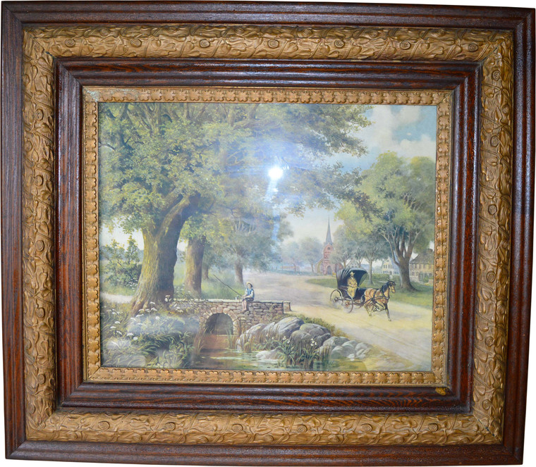 SOLD Victorian Oak Picture Frame with Horse and Buggy Print