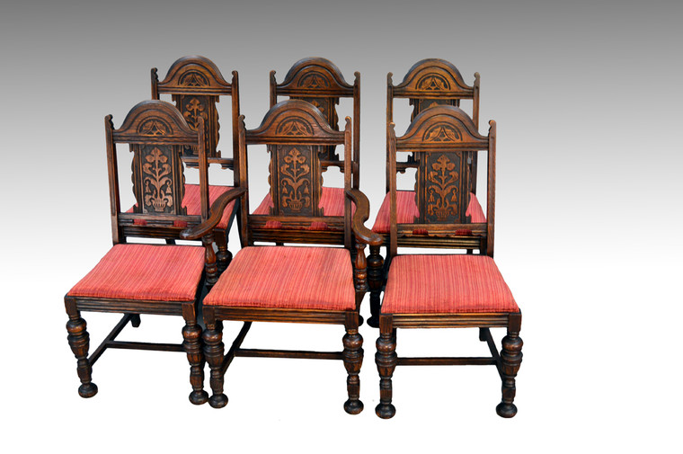 SOLD Set of Six Carved Oak Gothic Style Dining Chairs