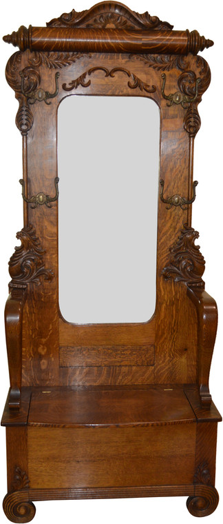 SOLD Fantastic Oak Carved Hall Tree with Lions