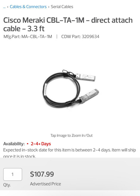 Cisco Meraki CBL-TA-1M - Direct attach cable - 3.3 ft