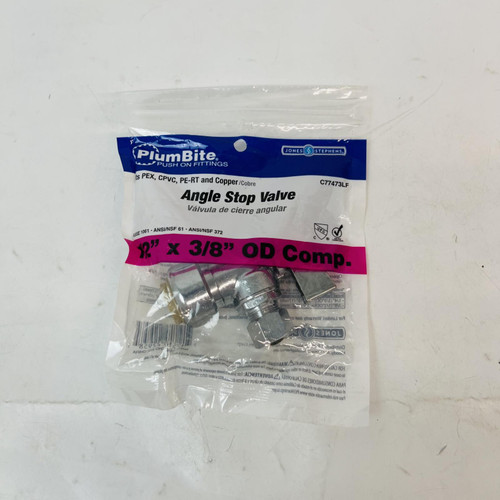(Lot of 2) PlumBite Angle Stop Valve 1/2" x 3/8" OD Comp. Push-On Fittings