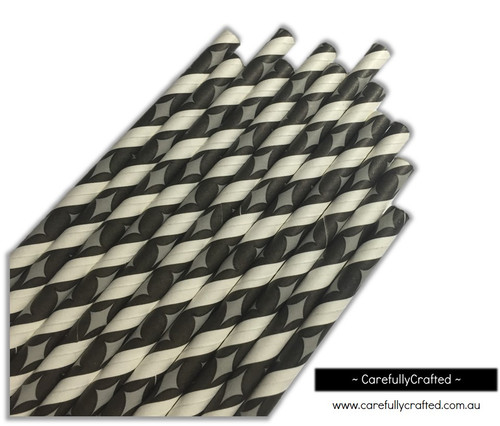 25 Paper Straws - Grey Diamonds on Black and White Stripe - #PS26